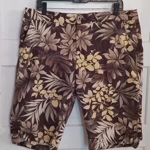Caribbean Joe Shorts Womens 14 Floral Outdoor Beach Bermuda  Yellow/brown Cotton